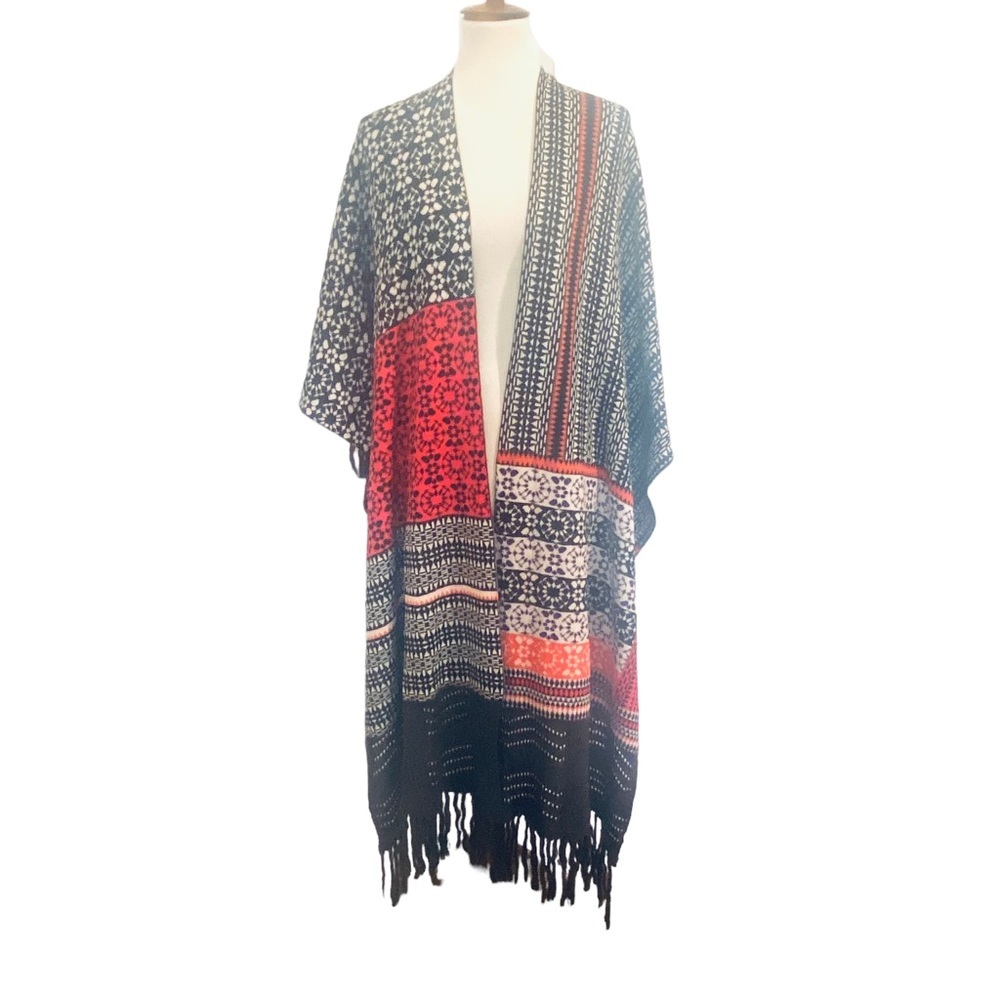 Sweet Sinnamon Woven Cotton Open Poncho Sweater Scarf Wrap Fringe One Size